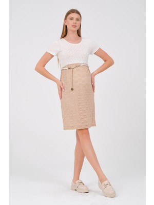 Busa Hamile Kısa Kollu Blok Renk Dantel Detaylı Kemerli Elbise Bej