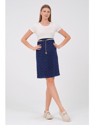Busa Hamile Kısa Kollu Blok Renk Dantel Detaylı Kemerli Elbise Indigo