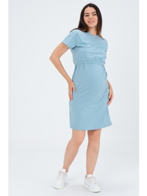 Busa Hamile Emzirme Detaylı Yan Yırtmaçlı Kısa Kollu Penye Elbise Güvercin Mavisi