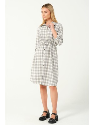 Busa Hamile Uzun Kollu Ara Boy Ekose Elbise Gri