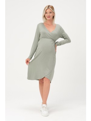 Busa Hamile Önden Bağcıklı Kolay Giyilebilir Uzun Kollu Penye Elbise Çağla