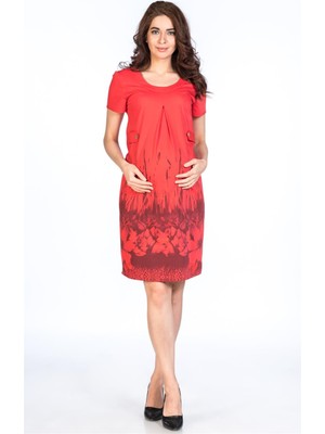 Busa Hamile Desenli Kısa Kollu Elbise Kırmızı