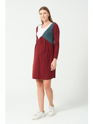 Busa Hamile Blok Renk Uzun Kollu Ara Boy Elbise Bordo