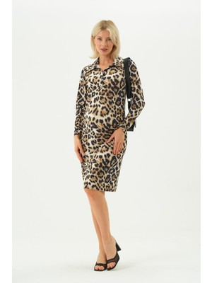 Busa Hamile Karın Kısmı Büzgülü Ara Boy Leopar Desenli Elbise Lacivert