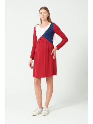 Busa Hamile Blok Renk Uzun Kollu Ara Boy Elbise Kırmızı