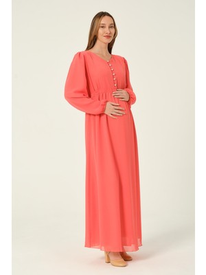 Busa Hamile Beli Bağcıklı Şifon Maxi Boy Tesettür Elbise Narçiçeği