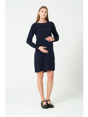 Busa Hamile Uzun Kollu Ara Boy Abiye Elbise Lacivert