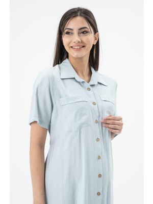 Busa Hamile Arkası Lastikli Önden Düğmeli Kısa Kollu Midi Boy Elbise Mintyeşili