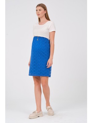 Busa Hamile Kısa Kollu Blok Renk Dantel Detaylı Kemerli Elbise Mavi