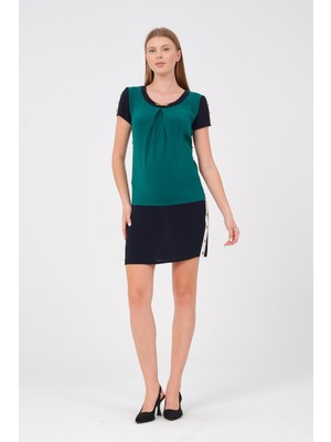 Busa Hamile Iki Renkli Kısa Kollu Mini Elbise Yeşil
