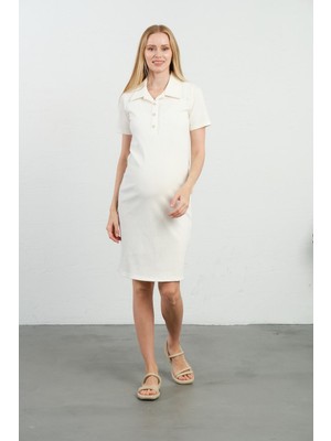 Busa Hamile Polo Yaka Kısa Kollu Fitilli Ara Boy Elbise Beyaz