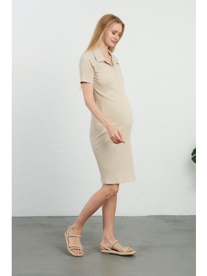 Busa Hamile Polo Yaka Kısa Kollu Fitilli Ara Boy Elbise Krem