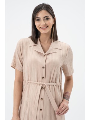 Busa Hamile Bürümcük Kumaş Kısa Kollu Kemerli Elbise Bej