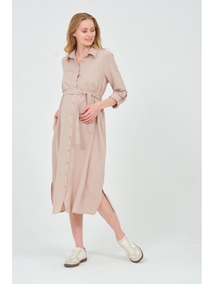 Busa Hamile Gömlek Yaka Önden Cepli Midi Boy Elbise Vizon