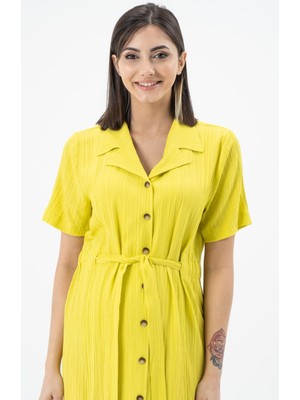 Busa Hamile Bürümcük Kumaş Kısa Kollu Kemerli Elbise Limon Yeşili