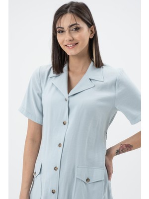 Busa Hamile Kuşaklı Önden Cepli Kısa Kollu Elbise Mintyeşili