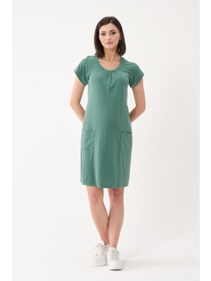 Busa Hamile Kısa Kollu Modal Mini Elbise Yeşil