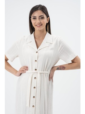 Busa Hamile Bürümcük Kumaş Kısa Kollu Kemerli Elbise Ekru