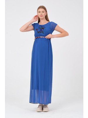 Busa Hamile Kemerli Uzun Elbise Saks