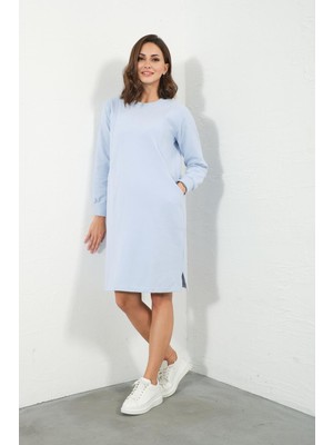 Busa Hamile Emzirme Detaylı Cepli Yumuşak Dokulu Selanik Regular Fit Elbise Açık Mavi
