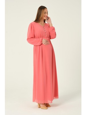 Busa Hamile Beli Bağcıklı Şifon Maxi Boy Tesettür Elbise Pembe