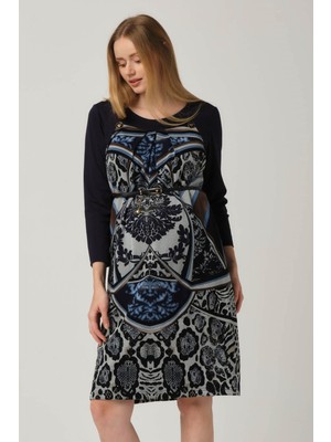 Busa Hamile Kemerli Desenli Mini Elbise Lacivert