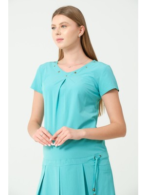 Busa Hamile Kısa Kollu Belden Bağcıklı Mini Elbise Turkuaz