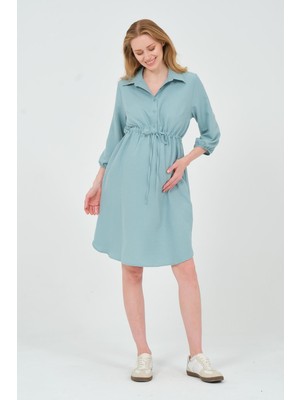 Busa Hamile Fakir Kol Beli Bağcıklı Ara Boy Elbise Mintyeşili