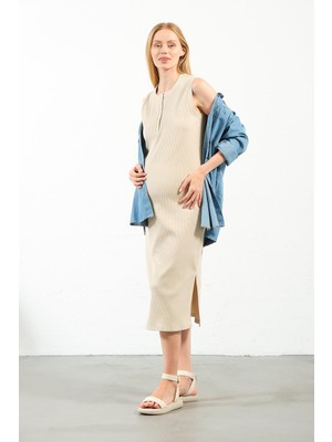 Busa Hamile Midi Boy Yandan Yırtmaçlı Sıfır Kol Fitilli Elbise Krem