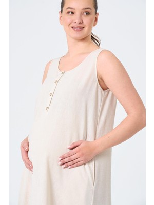 Busa Hamile Sıfır Kollu Yandan Yırtmaçlı Midi Boy Elbise Bej