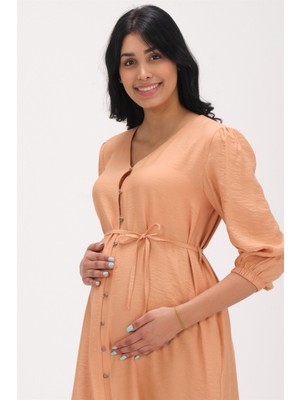 Busa Hamile V Yaka Yandan Cepli Kolu Lastikli Elbise Somon