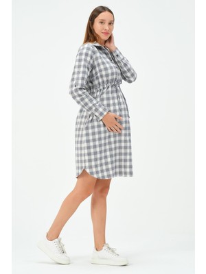 Busa Hamile Yaka Düğmeli Beli Bağcıklı Ekose Elbise Lacivert