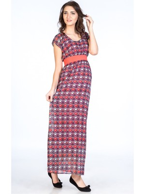 Busa Hamile Günlük Elbise Desenli Kemerli Pembe