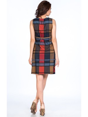 Busa Hamile Elbise Taş Aksesuar Kemerli Ekose Camel