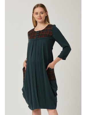 Busa Hamile  Roba Düğmeli Ekose Yaka Pileli Yan Cepli Yeşil