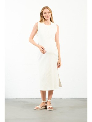 Busa Hamile Midi Boy Yandan Yırtmaçlı Sıfır Kol Fitilli Elbise Beyaz