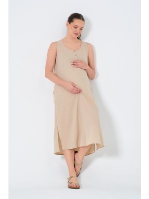 Busa Hamile Sıfır Kollu Yandan Yırtmaçlı Midi Boy Elbise Vizon