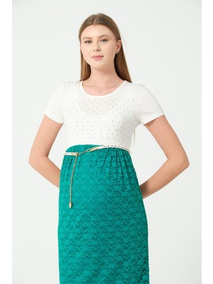 Busa Hamile Kısa Kollu Blok Renk Dantel Detaylı Kemerli Elbise Yeşil