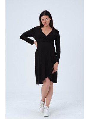Busa Hamile Önden Bağcıklı Kolay Giyilebilir Uzun Kollu Penye Elbise Siyah