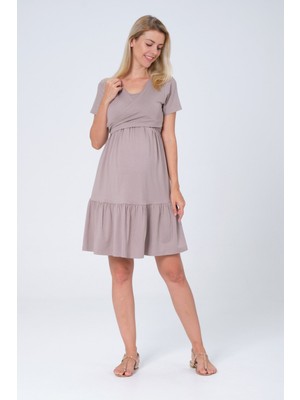 Busa Hamile Önden Kuşaklı Emzirme Detaylı Penye Kısa Kollu Elbise Vizon