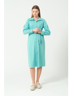 Busa Hamile Düğmeli Uzun Kollu Midi Boy Elbise Mintyeşili