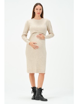 Busa Hamile Bej Midi Boy Emzirme Detaylı Triko Elbise Şık Tasarım ve Rahat Kesim