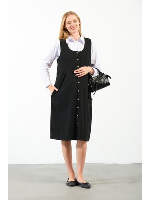 Busa Hamile Sıfır Kol Önden Düğmeli Jile Elbise Siyah