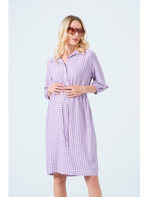 Busa Hamile Beli Bağcıklı Gömlek Yaka Ara Boy Ekose Elbise Lila