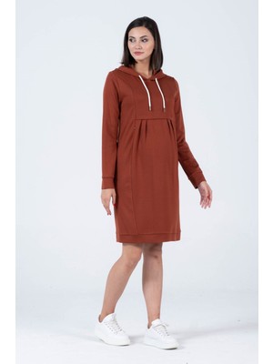 Busa Hamile Çelik Örme Emzirme Detaylı Kapüşonlu Elbise Kiremit
