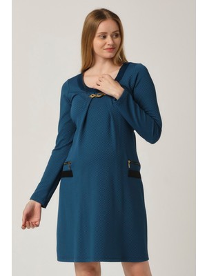 Busa Hamile Aksesuar Yakalı Arka Bağcıklı Mini Elbise Mavi