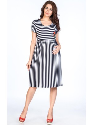 Busa Hamile Kısa Kollu Çizgili Elbise Lacivert