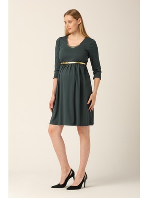 Hamile Çelik Kumaş ve Yaka Aksesuarlı Günlük Elbise Yeşil