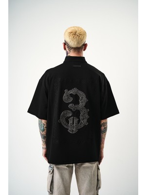 Erkek 3 Nakışlı Yarım Fermuarlı Oversize T-Shirt Siyah