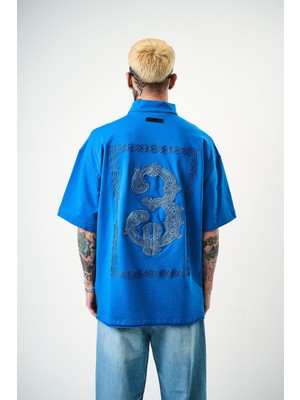 Erkek 3 Nakışlı Yarım Fermuarlı Oversize T-Shirt Mavi